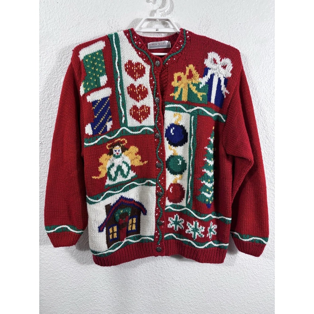Vintage Karen Scott II Cardigan Sweater Womens 2X Red Ugly Christmas Angel Tree